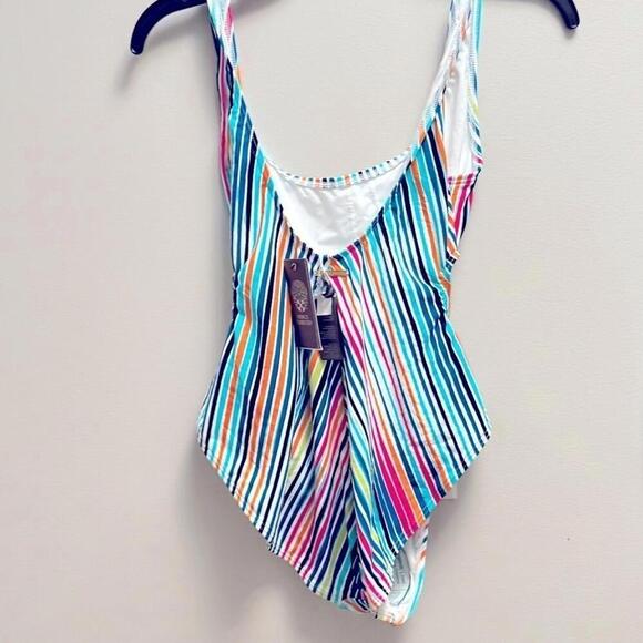 Vince Camuto Striped Women's High-Leg Cut-Out One-Piece Swimsuit swimwear 10 New - Picture 8 of 12